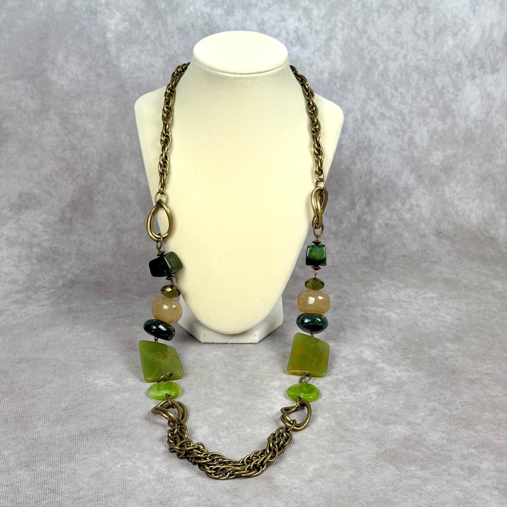 Chunky Green Resin Bead Statement Necklace Antique Brass Tone Chain Adjustable